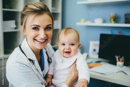 Friendly female pediatrician with smiling baby (infant) patient in the doctor's office. Child health care, medical care. 