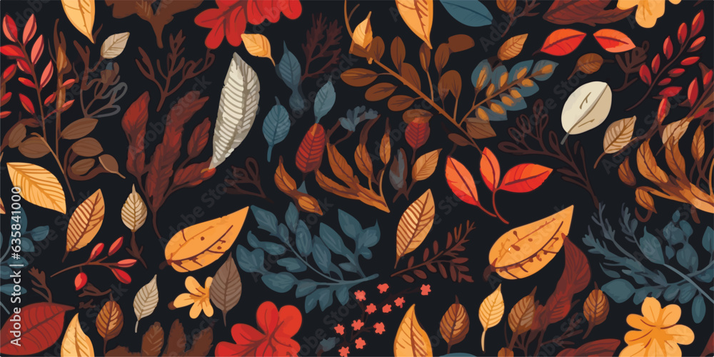 Autumn seamless pattern with different leaves and plants, seasonal colors