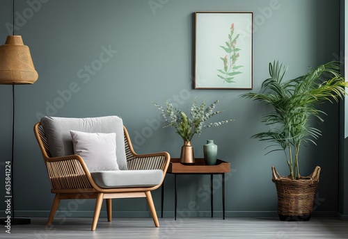 Elegant living room interior with design furnitures, mock up frame poster, plants, and personal accessories. Home decor. Interior design. Template. 