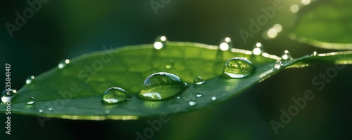 Rain water drops on green leaves on natural background. Copy space