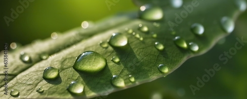 Rain water drops on green leaves on natural background. Copy space
