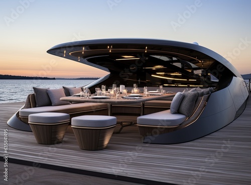 romantic lunch on motor yacht at sunset, Table setting at a luxury yacht. Created with Generative AI technology. © lililia
