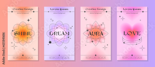 Vector insta story gradient templates with linear shapes,heart,blurred sparkles,copy space for text in 90s style.Smm banners in y2k aesthetic.Designs for social media marketing,branding,packaging