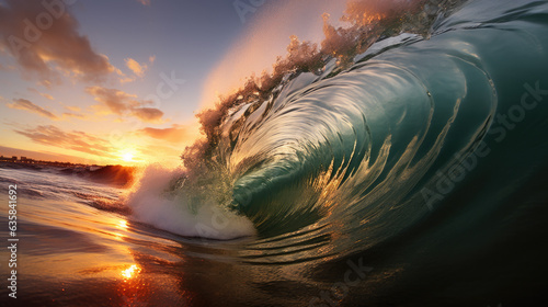 a breaking wave at sunset.