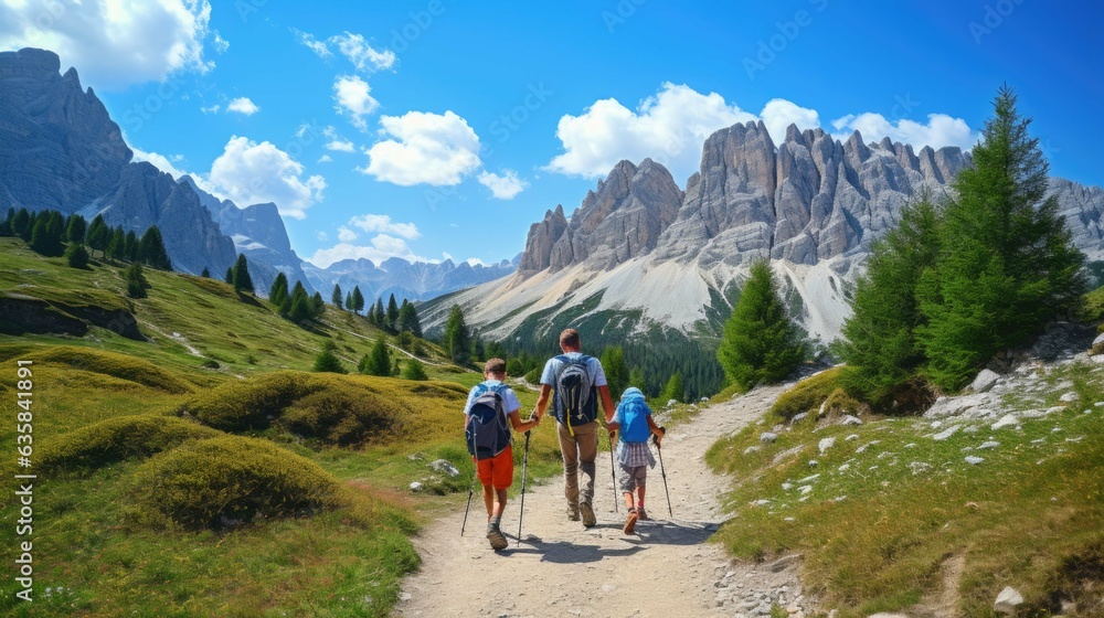 a family goes hiking in the mountains.