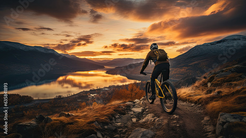 an athlete rides his mountain bike down a hill at a dramatic sunset. back view.