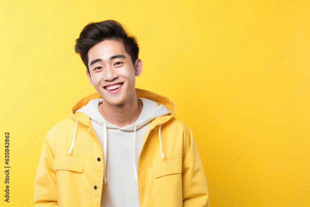 Fototapeta premium Happy Chinese Man On Yellow Background