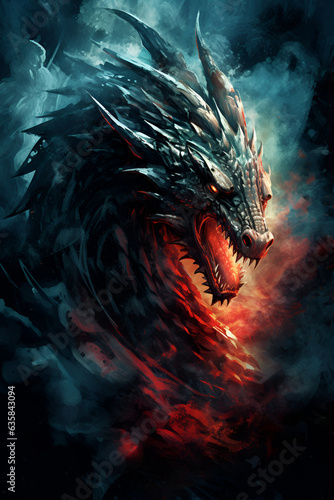 Dragon head with fire flames on dark background. 3D illustration. photo
