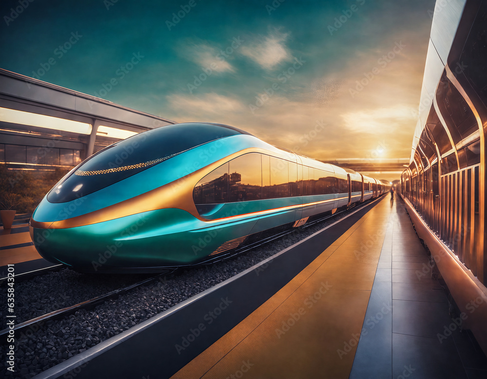 Obraz premium High speed train in motion during sunset. Blue and green color with sleek design. Concepts of transportation and travel.