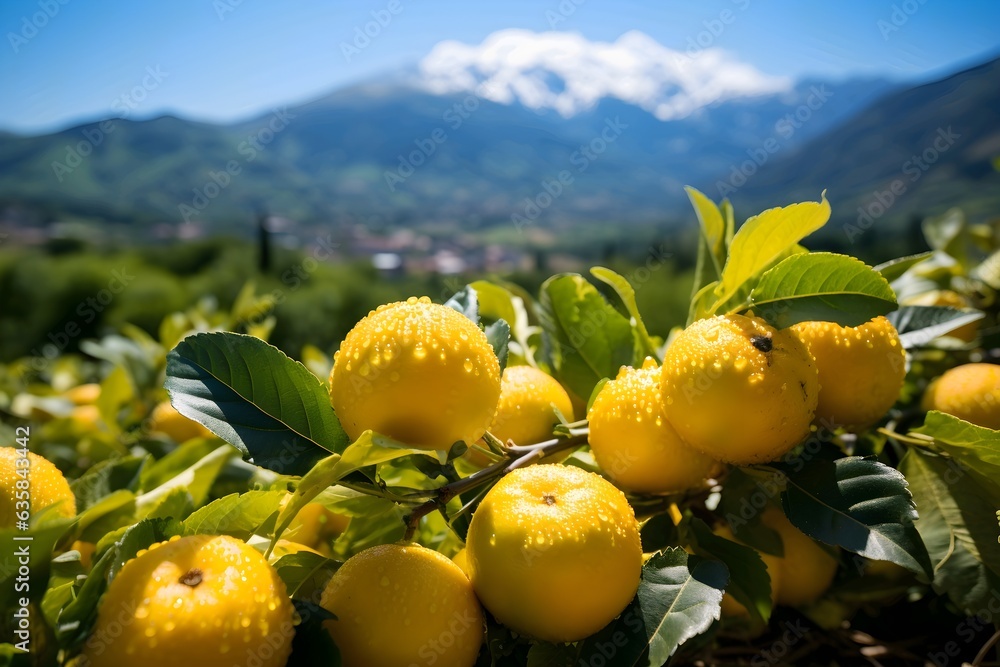 Ripe yellow apples on the tree in the garden with mountains in the background