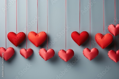 Valentine's day background. Red hearts hanging over rope on grey