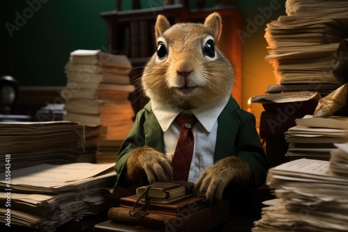 Accountant or archivist at his desk among paper documents. Funny animal chipmunk dressed in work suit with tie. photo