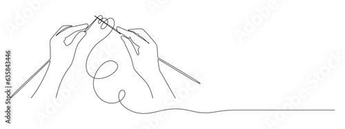Continuous one line drawing of human hands knitting. handmade and cozy hobby symbol in simple linear style. Editable stroke. Doodle outline vector illustration