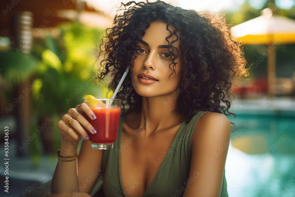 A Woman Holding A Glass Of Juice Near A Pool A Woman Holding A Glass Of Juice Near A Pool