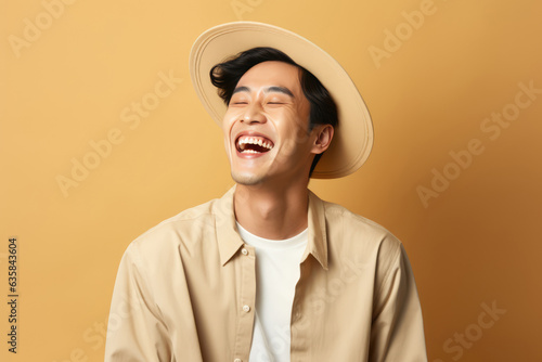 Happy Korean Man On Beige Background © Anastasiia