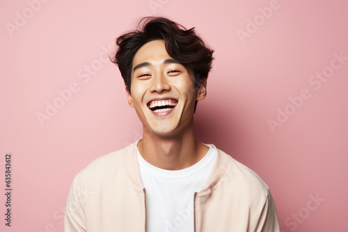 Happy Korean Man On Pink Background © Anastasiia