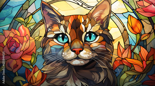 A cute cat stained glass window, retro colors