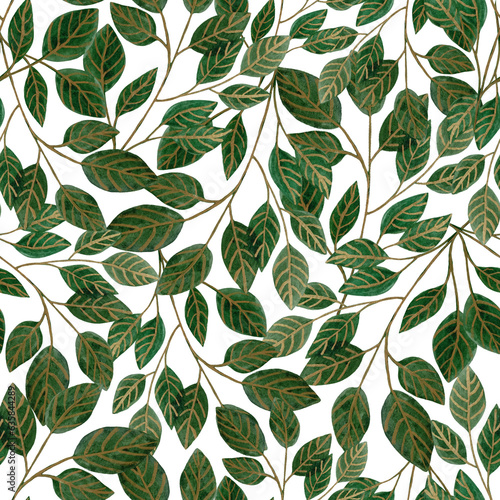 Seamless watercolor background in nature style green. Vintage Pattern. Floral pattern, Golden split-leaf.