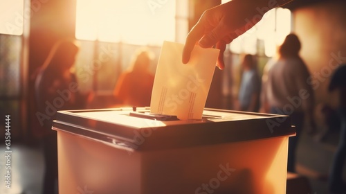 hand putting letter in ballot box with blur people  background  photo