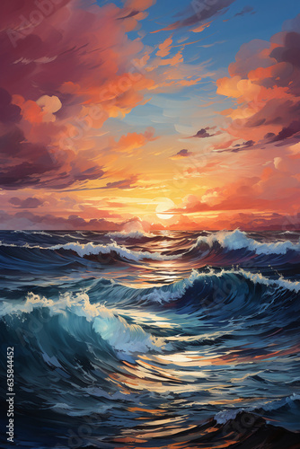 A painting of a sunset over the ocean. AI generative