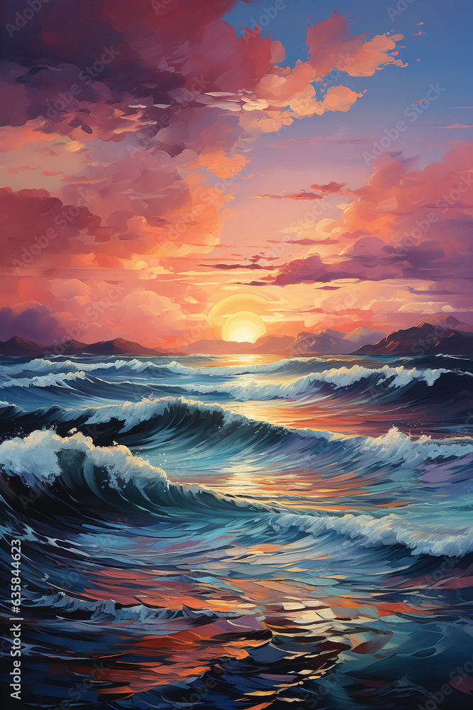Obraz premium A painting of a sunset over the ocean. AI generative
