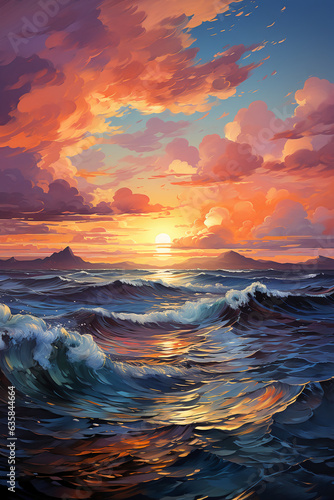 A painting of a sunset over the ocean. AI generative