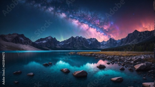 a beautiful nighttime landscape photography of the Rocky Mountains with a blue lake