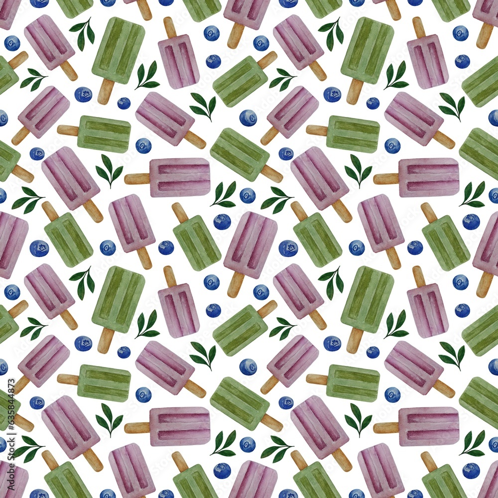 Seamless pattern with watercolor fruit popsicles and berries isolated on background. Hand drawn watercolor illustration. Seamless pattern with watercolor fruit popsicles and berries isolated on background. Hand drawn watercolor illustration.