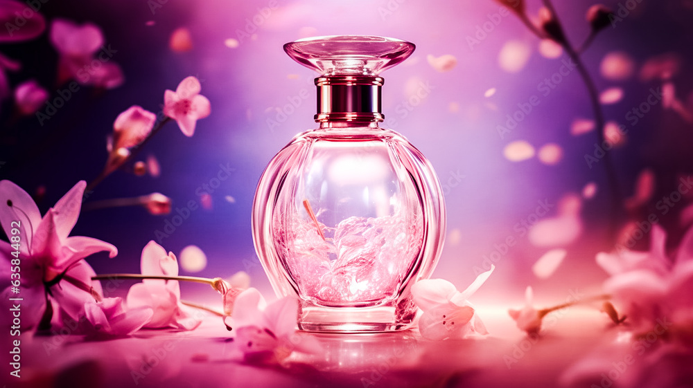 Flacon de parfum - Présentation publicitaire d'un parfum dans les tons de rose - Générative IA Flacon de parfum - Présentation publicitaire d'un parfum dans les tons de rose - Générative IA
