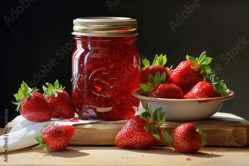 a jar of strawberry jam on background