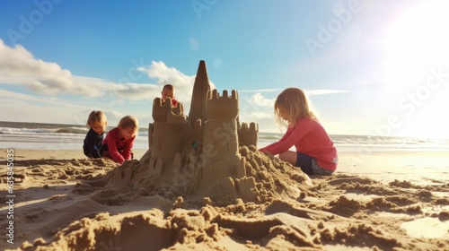 Children building a sandcastle on the beach.