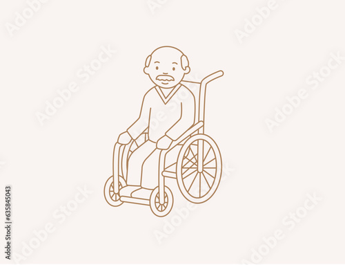 Eldery man on wheelchair in line art style