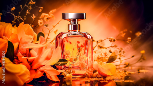 Flacon de parfum - Présentation publicitaire d'un parfum dans les tons de orange - Générative IA