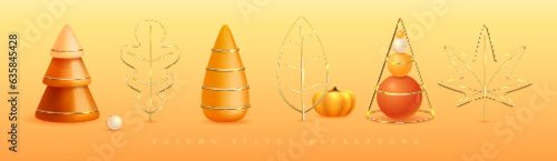 Set of 3D autumn plastic and metal elements: oak lef, maple leaf, autumn tree, christmas tree, pumpkin. Vector illustration