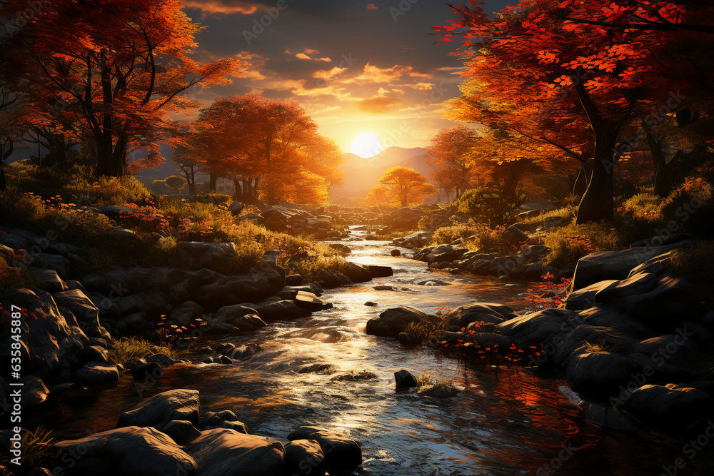 In late autumn, in a golden maple leaf forest. AI generative In late autumn, in a golden maple leaf forest. AI generative