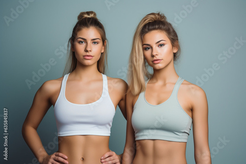 Two young beautiful women in sport wear portrait. Ai generated