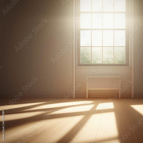 Room interior illuminated by natural daylight shining through windows. Generative AI