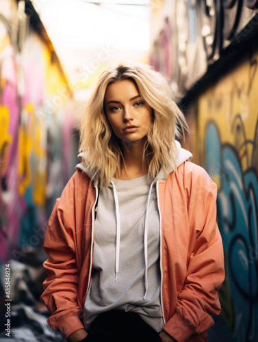 Close-up, female portrait of a young beautiful fashionable girl, street fashion. laughing and smiling portrait. fashionable. AI Generated