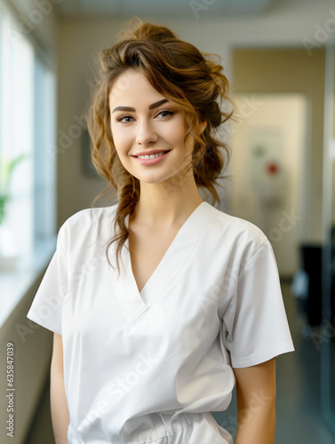 Smiling young mixed race female professional doctor wear white medical uniform with stethoscope looking at camera. AI Generated