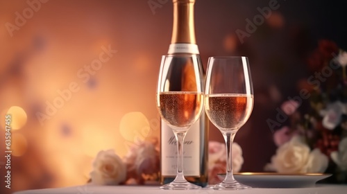 elegance glasses of champagne and wine's bottle with copy space 