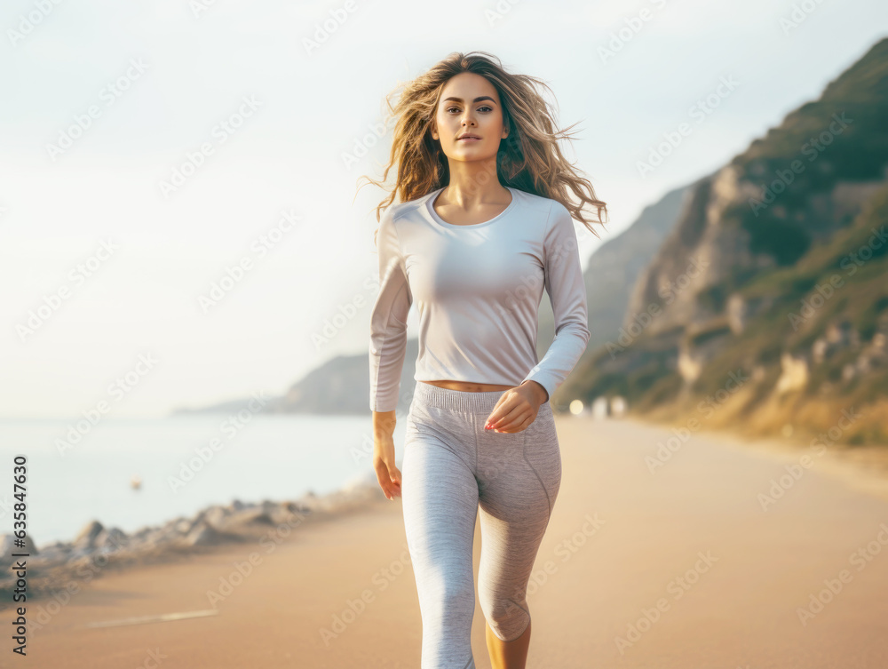 Running woman. Female runner jogging during outdoor workout on beach. Beautiful fit mixed race Fitness model outdoors. AI Generated Running woman. Female runner jogging during outdoor workout on beach. Beautiful fit mixed race Fitness model outdoors. AI Generated