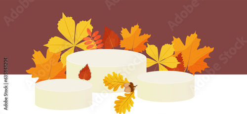 A podium layout with red and yellow leaves of the autumn season. vector illustration. Autumn floral background for advertising products.