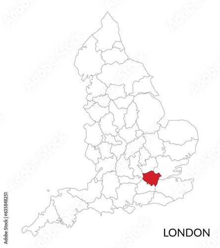 London map, London city map, Capital city of England in red 