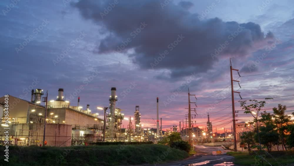 Time Lapse Oil Refinery plant at sunset. Gas Chemical Equipment Prodiction import export Concept, Crude Oil Refinery Plant Steel Pump Pipe line and Chimney and Cooling tower, Chemical Petrochemical Time Lapse Oil Refinery plant at sunset. Gas Chemical Equipment Prodiction import export Concept, Crude Oil Refinery Plant Steel Pump Pipe line and Chimney and Cooling tower, Chemical Petrochemical