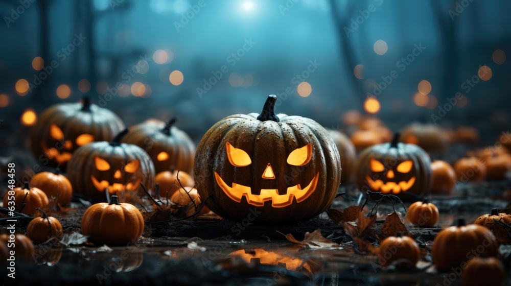 Fototapeta premium Halloween pumpkin head jack lantern on dark background 
