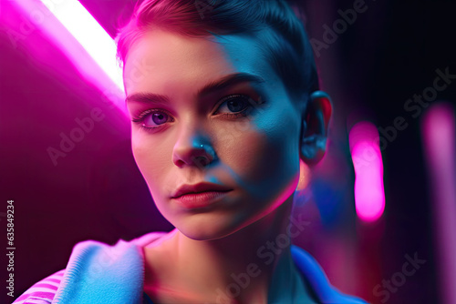 A captivating portrait of a young gay adorned in vibrant neon lights, her striking beauty and stylish look illuminated against a dark studio background