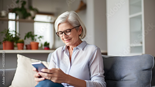 Relaxed mature old 60s woman, older middle aged female customer holding smartphone using mobile app, texting message, search ecommerce offers on cell phone technology device sitting on couch at home.