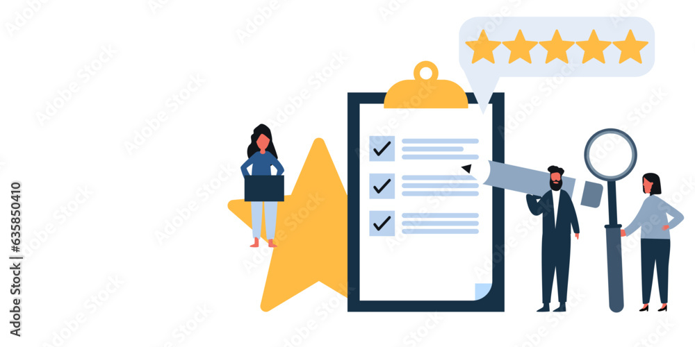 three business people survey concept. three business characters Giving Feedback and Making Decision and Research.business Mark on Checklist. Can use for web banner, infographics, hero images. Flat is three business people survey concept. three business characters Giving Feedback and Making Decision and Research.business Mark on Checklist. Can use for web banner, infographics, hero images. Flat is
