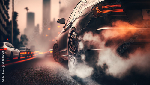 Automobile is blowing out some smoke on the street with buildings in the background, generative ai