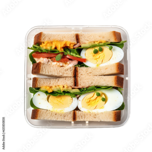 Mini egg sandwiches in a lunchbox top view isolated on transparent background. Generative AI